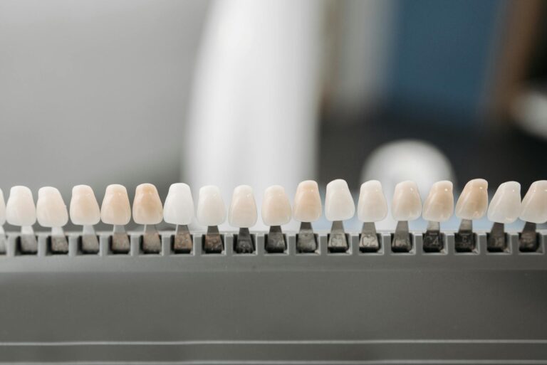 Guía de colores dentales con una fila de dientes de muestra en distintos tonos de blanco